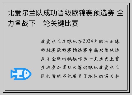 北爱尔兰队成功晋级欧锦赛预选赛 全力备战下一轮关键比赛