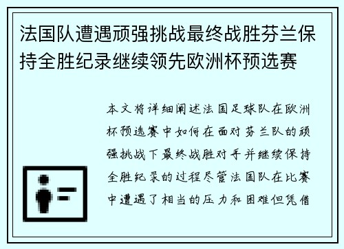 法国队遭遇顽强挑战最终战胜芬兰保持全胜纪录继续领先欧洲杯预选赛