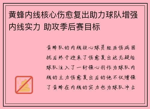 黄蜂内线核心伤愈复出助力球队增强内线实力 助攻季后赛目标