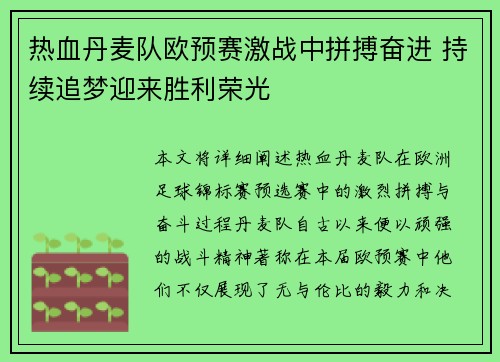 热血丹麦队欧预赛激战中拼搏奋进 持续追梦迎来胜利荣光