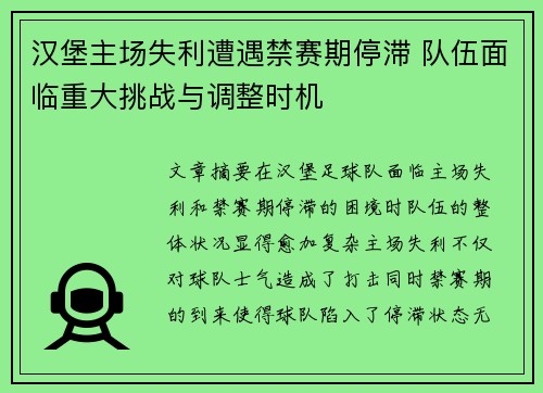 汉堡主场失利遭遇禁赛期停滞 队伍面临重大挑战与调整时机