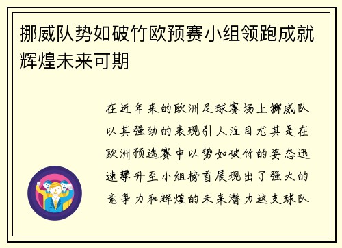 挪威队势如破竹欧预赛小组领跑成就辉煌未来可期