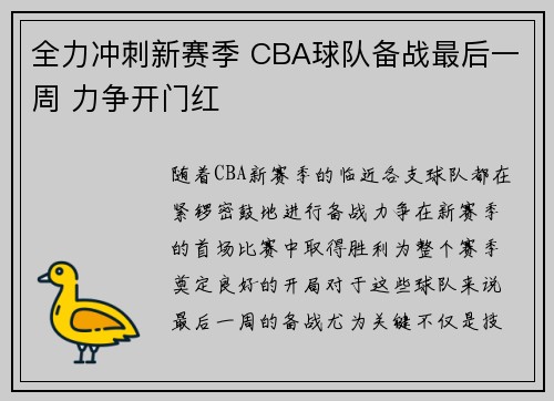 全力冲刺新赛季 CBA球队备战最后一周 力争开门红