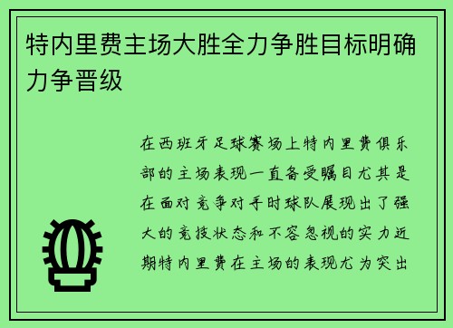 特内里费主场大胜全力争胜目标明确力争晋级
