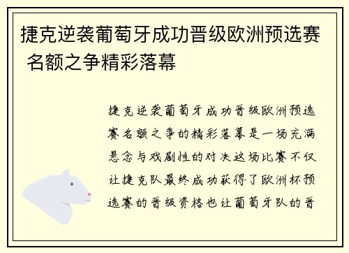 捷克逆袭葡萄牙成功晋级欧洲预选赛 名额之争精彩落幕