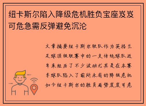 纽卡斯尔陷入降级危机胜负宝座岌岌可危急需反弹避免沉沦